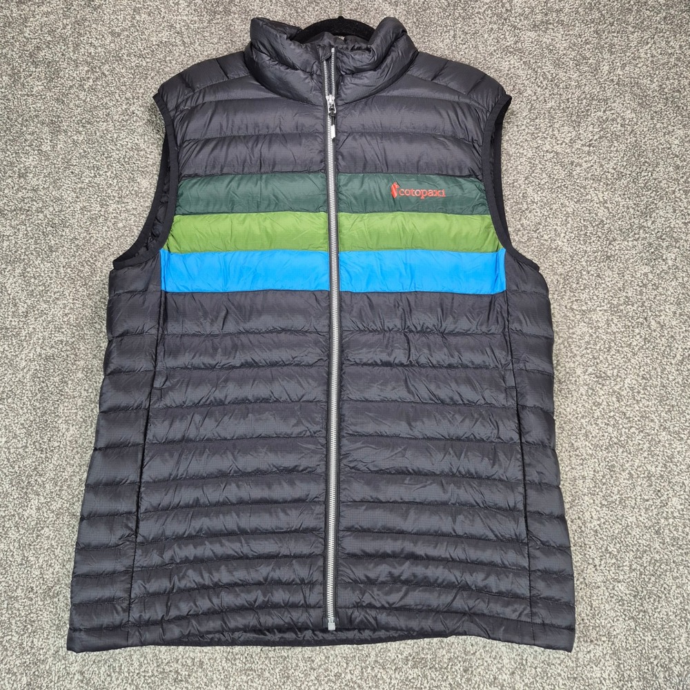 Cotopaxi Fuego Down Vest Mens XL Black Striped Puffer Jacket Full Zip